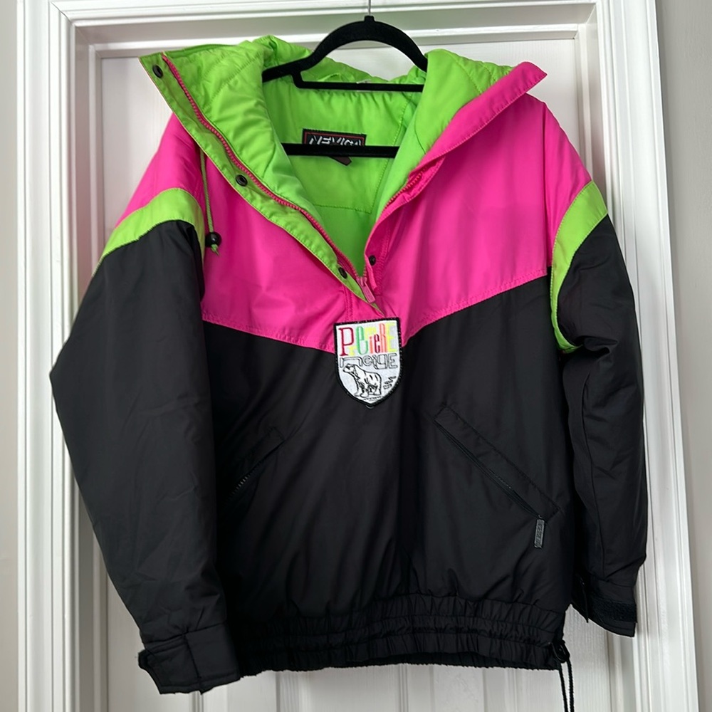 Vintage Women's Ski & Snow Jacket - Pink, Green, and Black